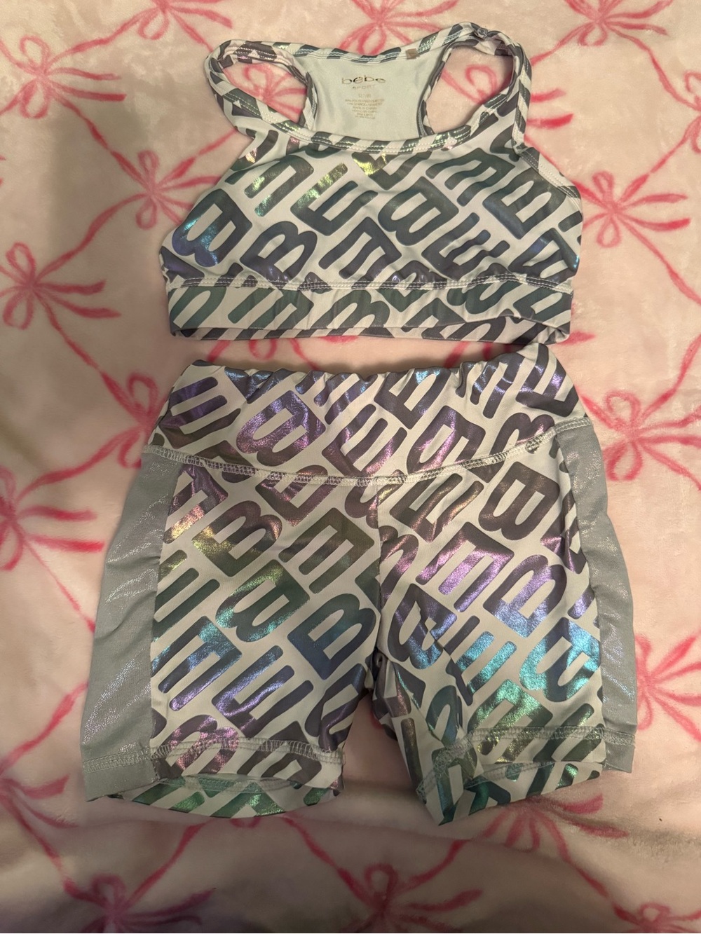 bebe Silver Holographic Logo Shorts Set